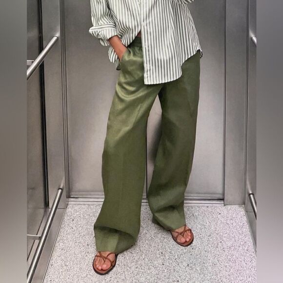 ZARA 100% LINEN STRAIGHT LEG PANTS - Picture 7 of 8